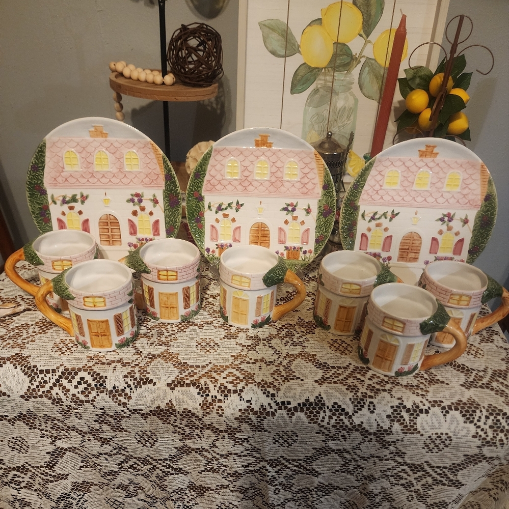Vintage Handpainted Village Plates And Mugs Cottagecore Coquette Set Of 10